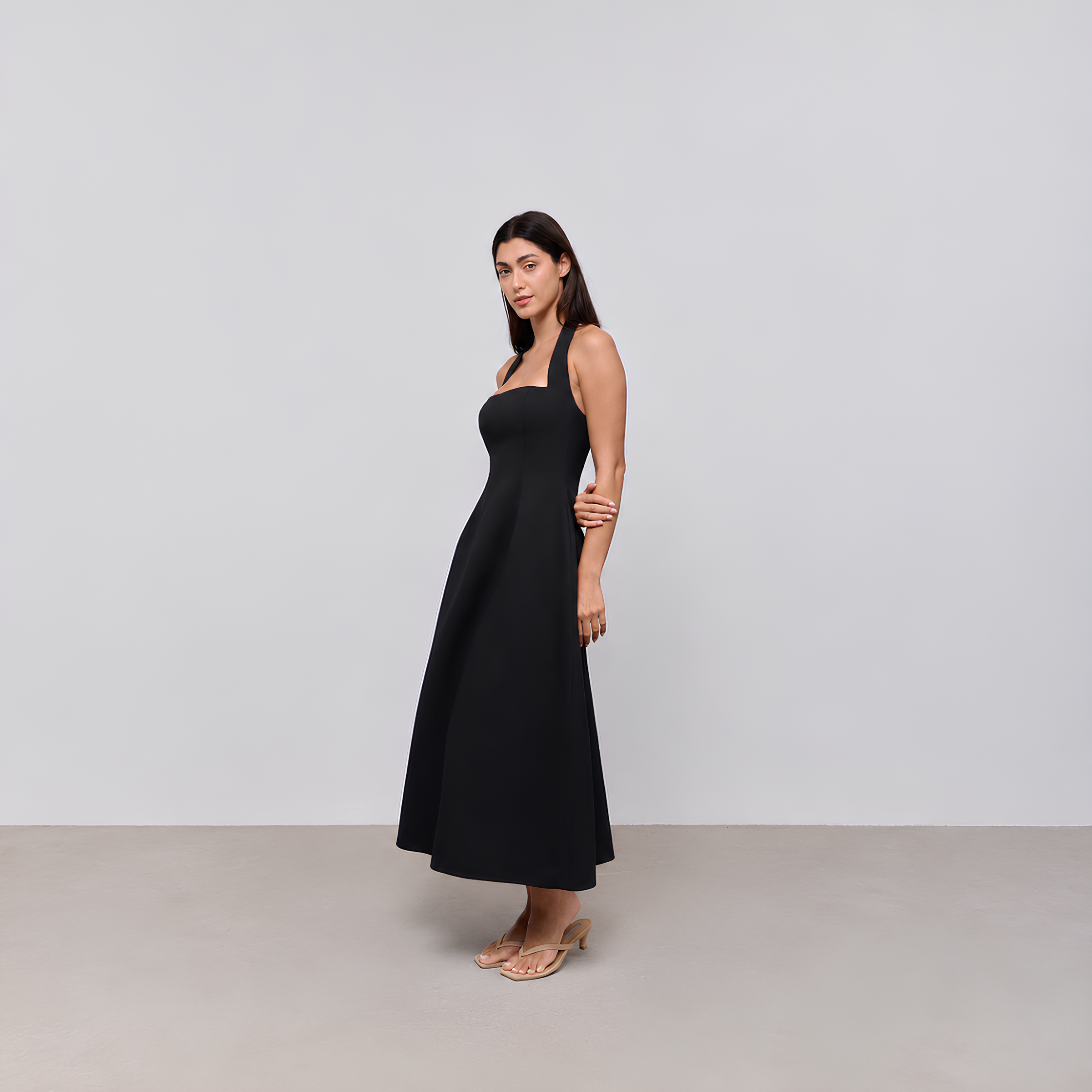 Cotton Blend Halter Midi Dress