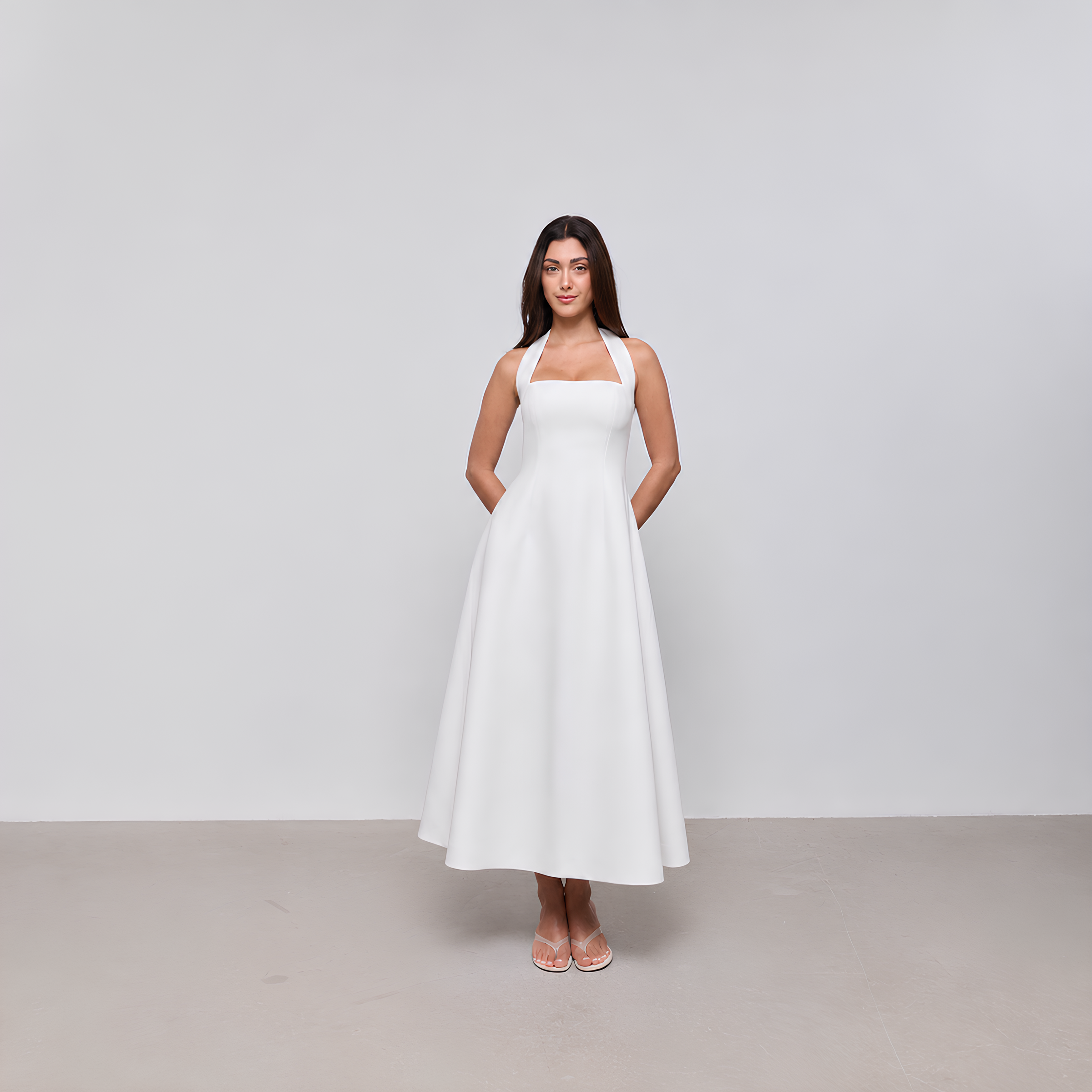 Cotton Blend Halter Midi Dress