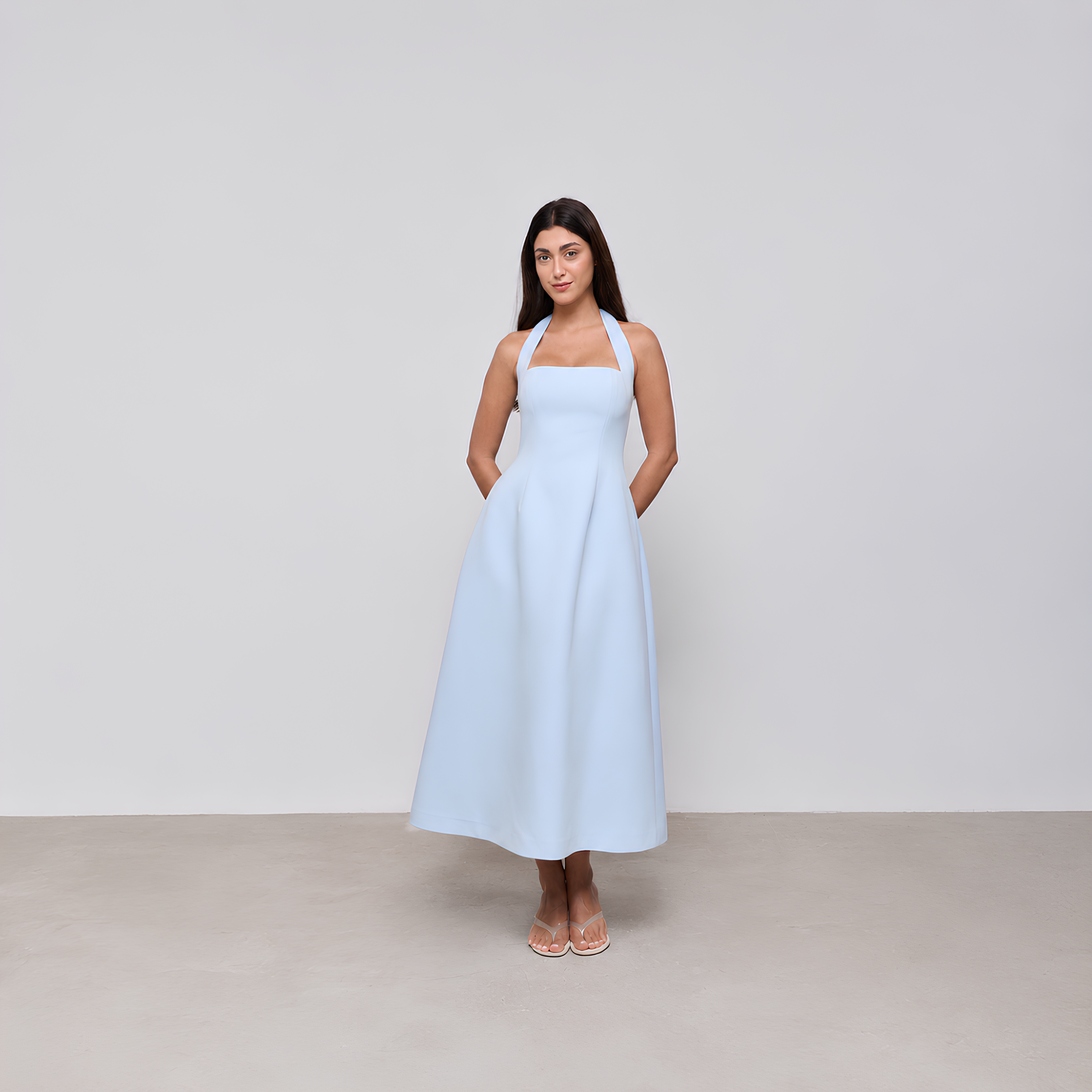Cotton Blend Halter Midi Dress