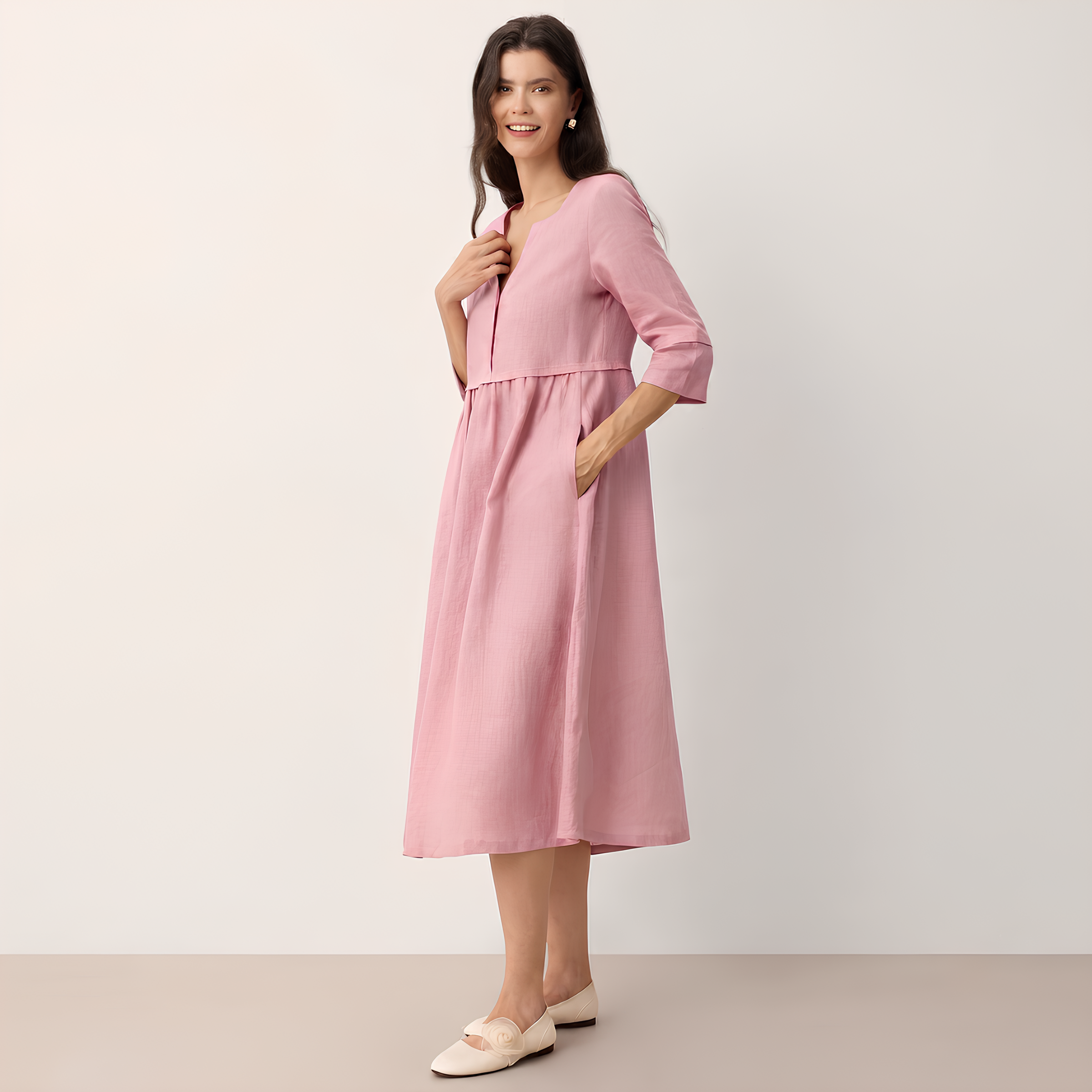 Button Waist Linen Midi Dress