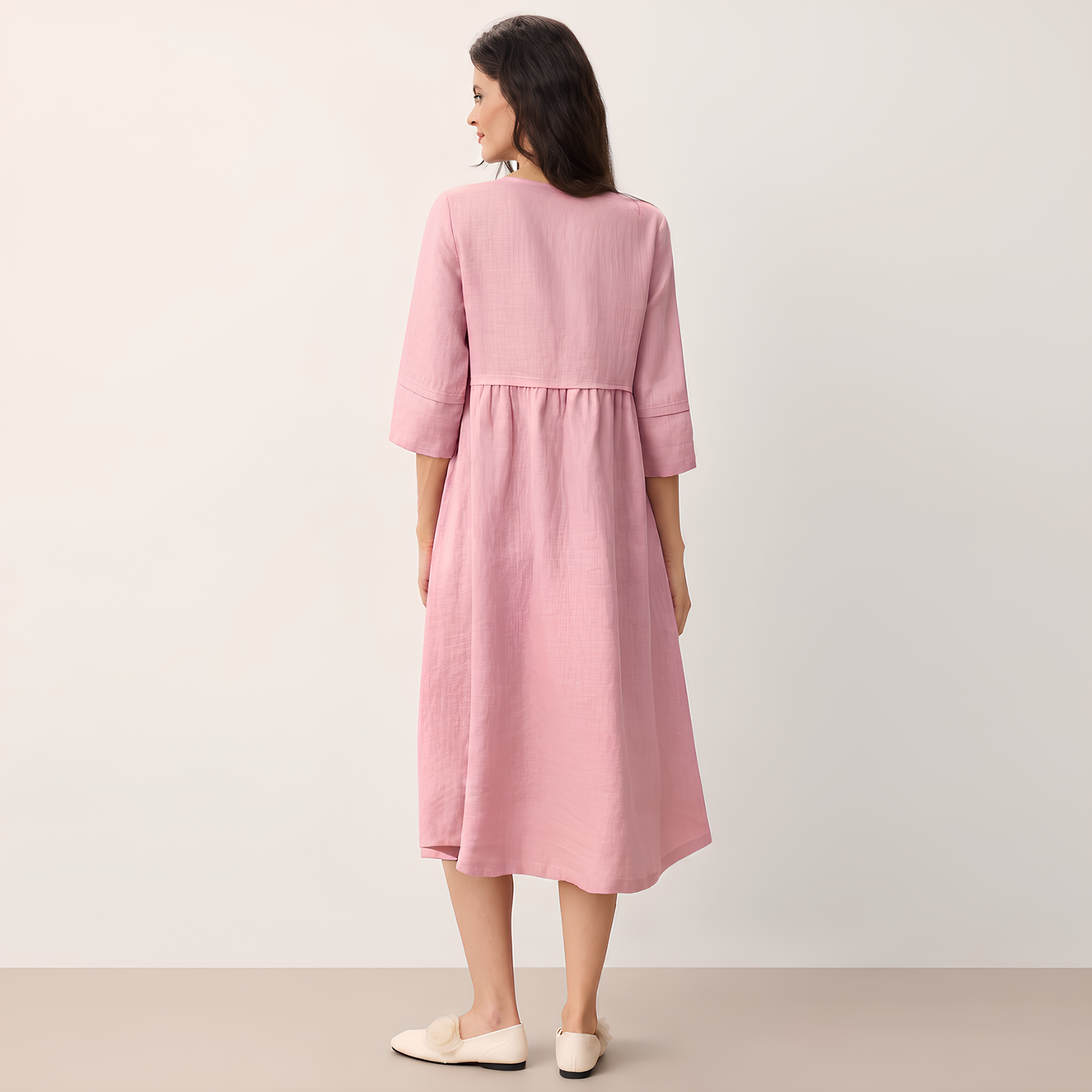 Button Waist Linen Midi Dress