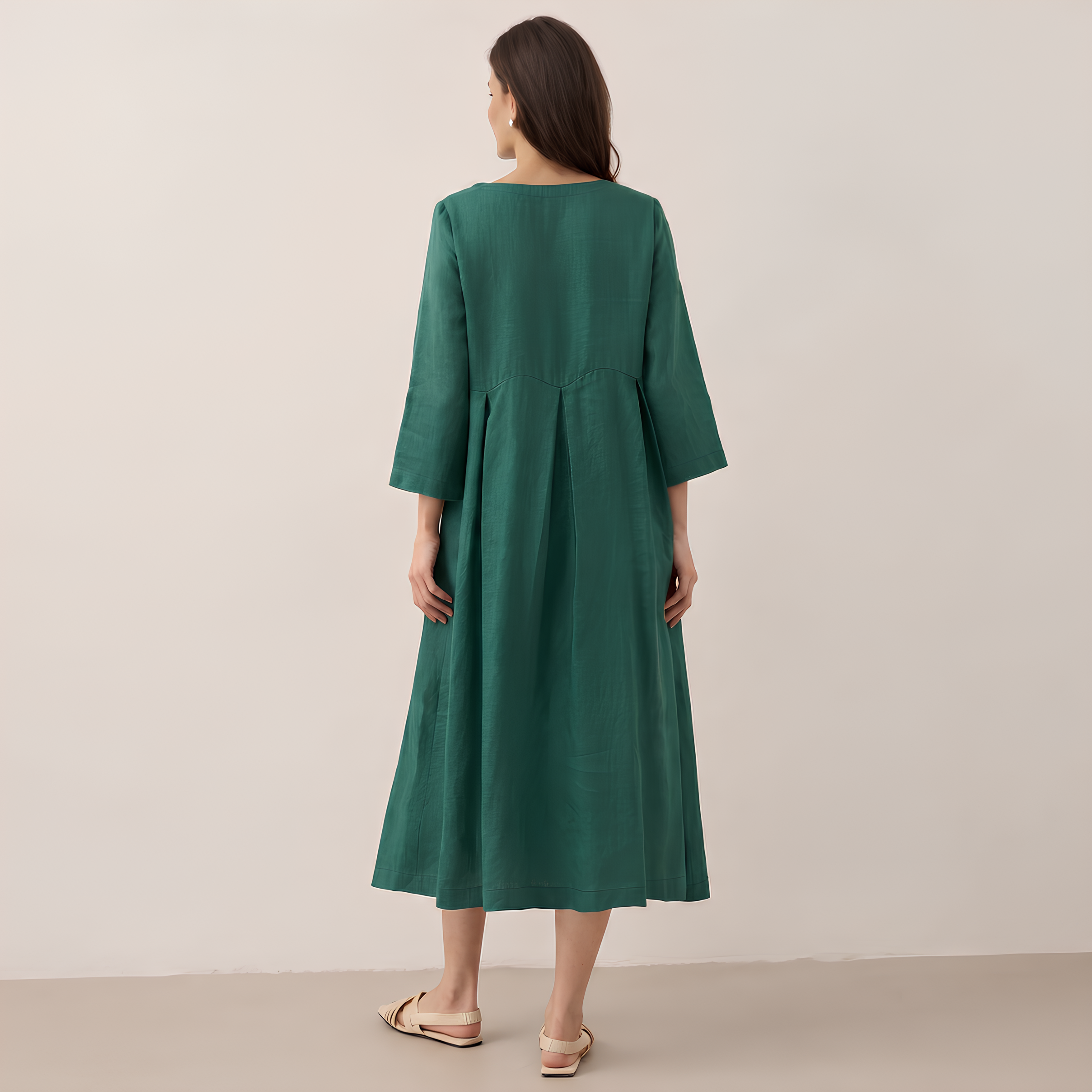 Pleated Linen Midi Dress